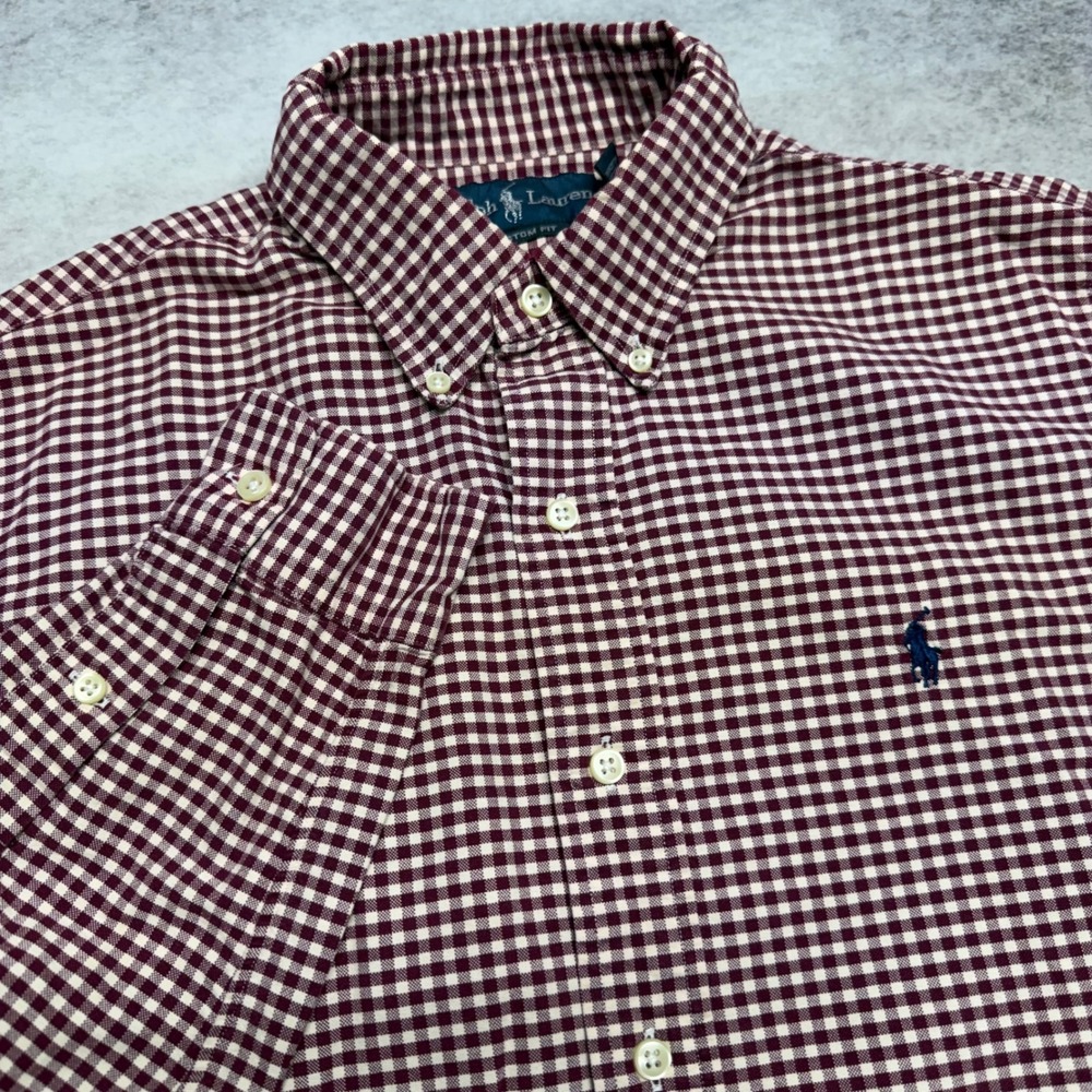 Ralph Lauren Custom Fit Mens Size M Burgundy Red Gingham Check Button Down Shirt